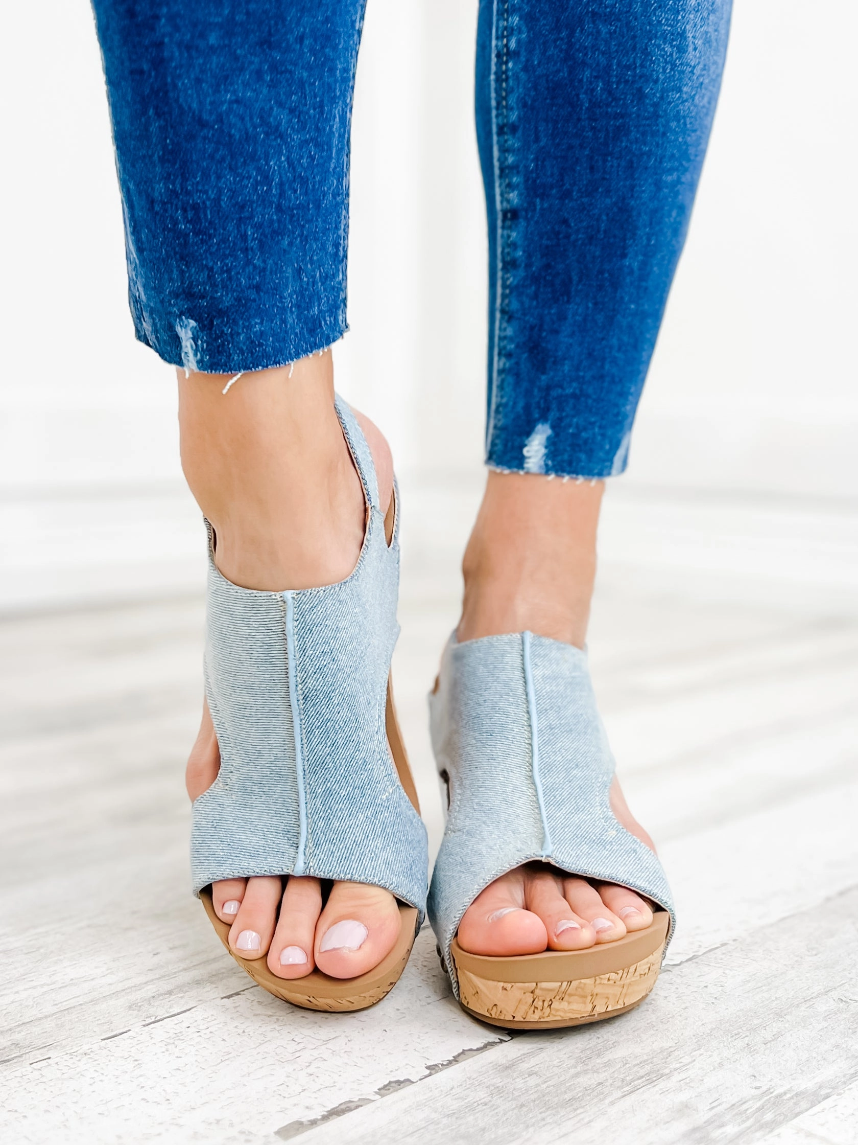 Corkys Tiffanee Blue Denim Wedge Sandal