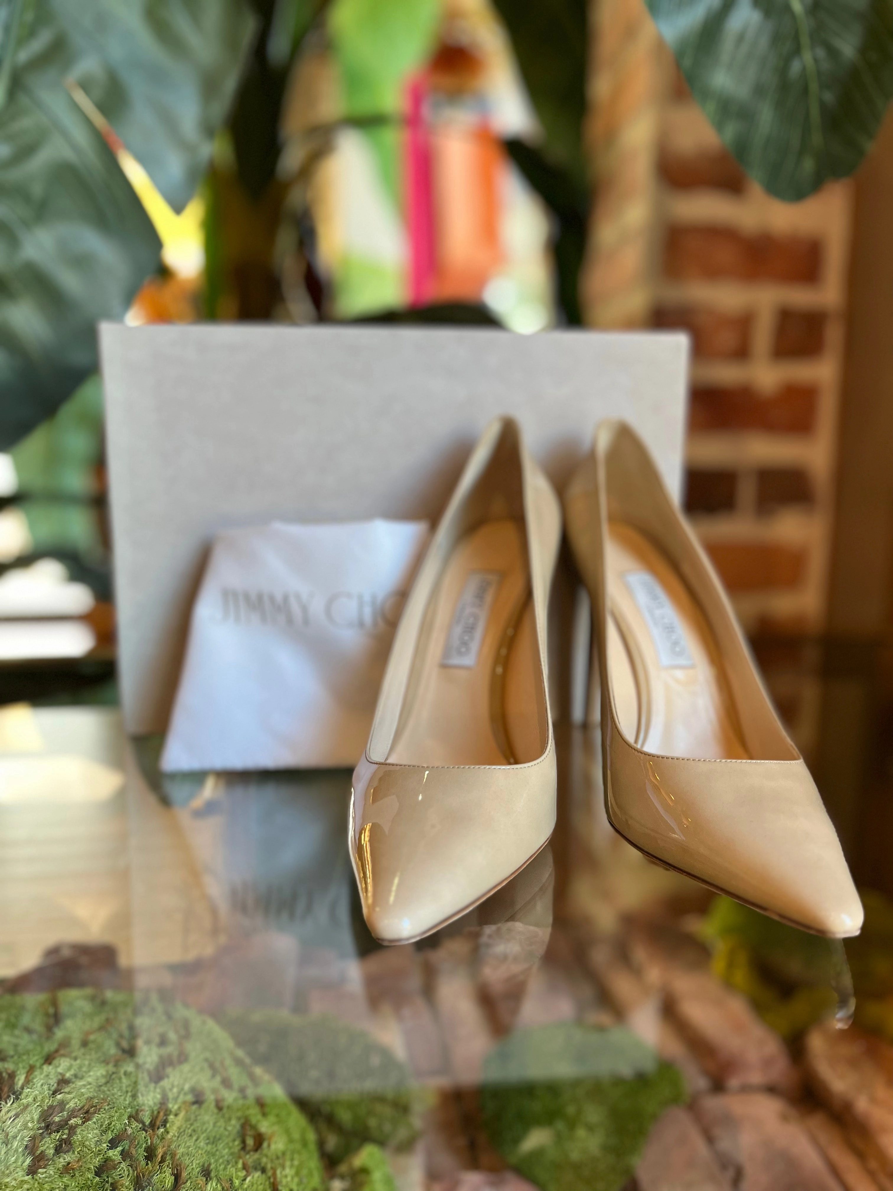 Jimmy Choo Beige Patent Leather Romy Heels SZ 41.5
