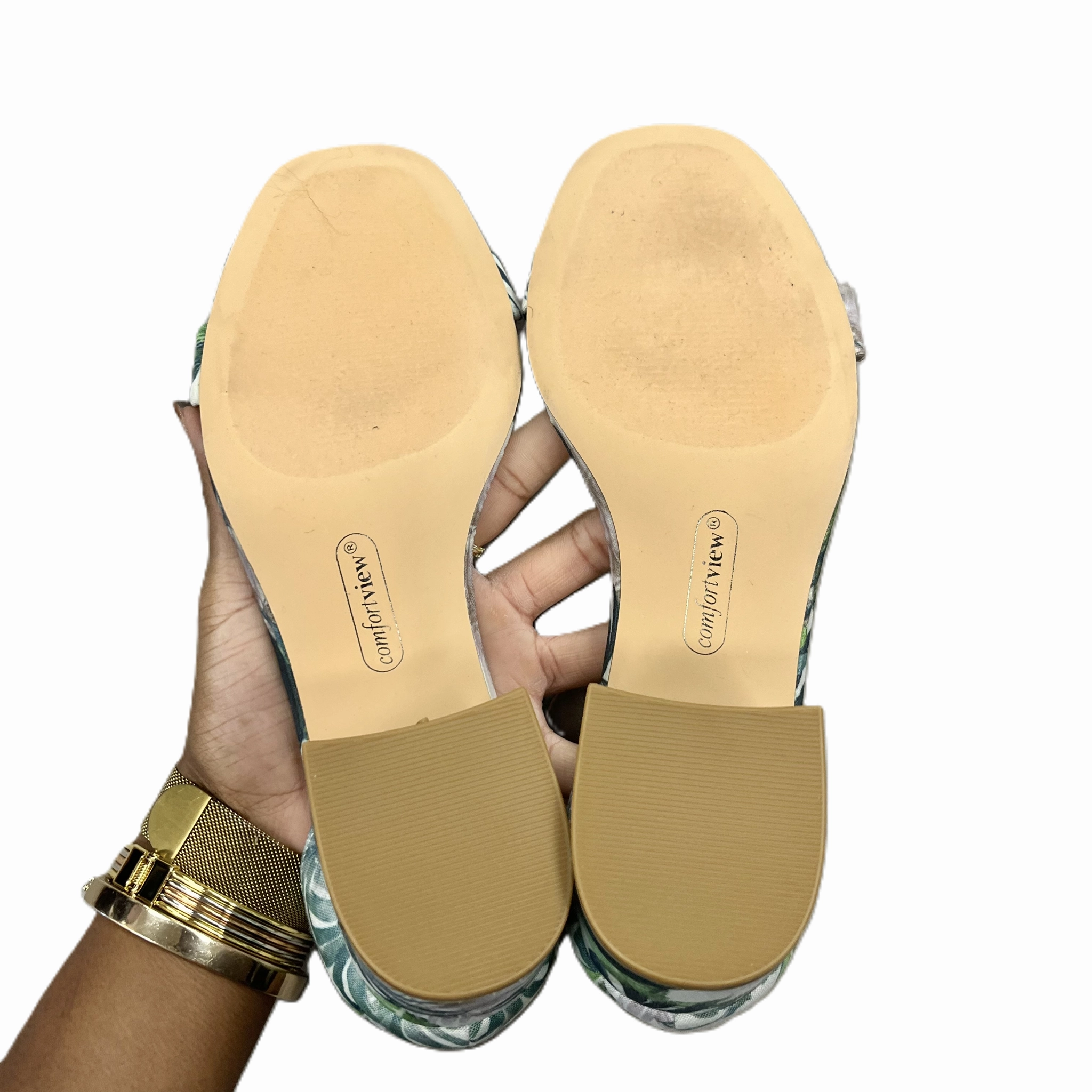 Sandals Heels Block By Comfortview In Green & White, Size: 9