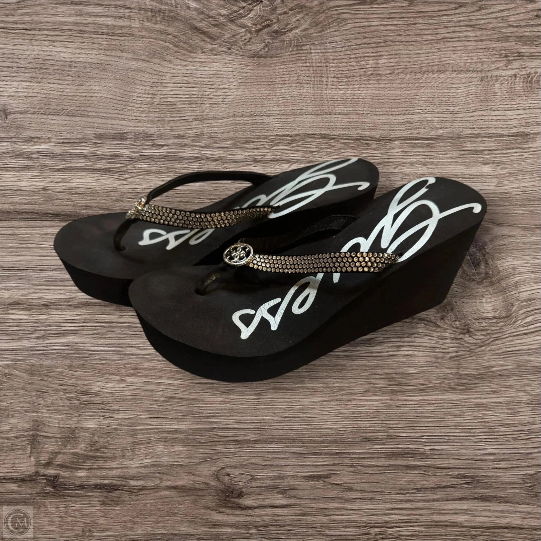 Sandals Heels Platform By Guess In Black & Silver, Size: 7