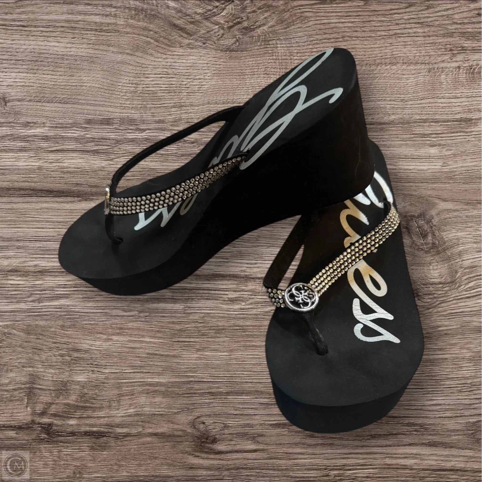 Sandals Heels Platform By Guess In Black & Silver, Size: 7