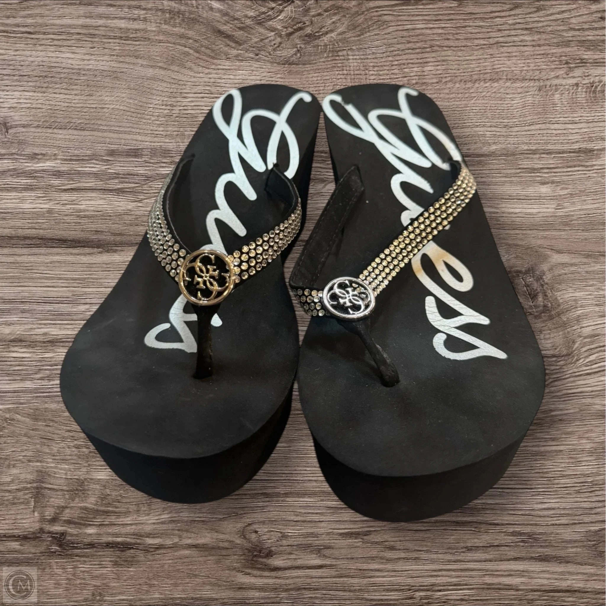 Sandals Heels Platform By Guess In Black & Silver, Size: 7