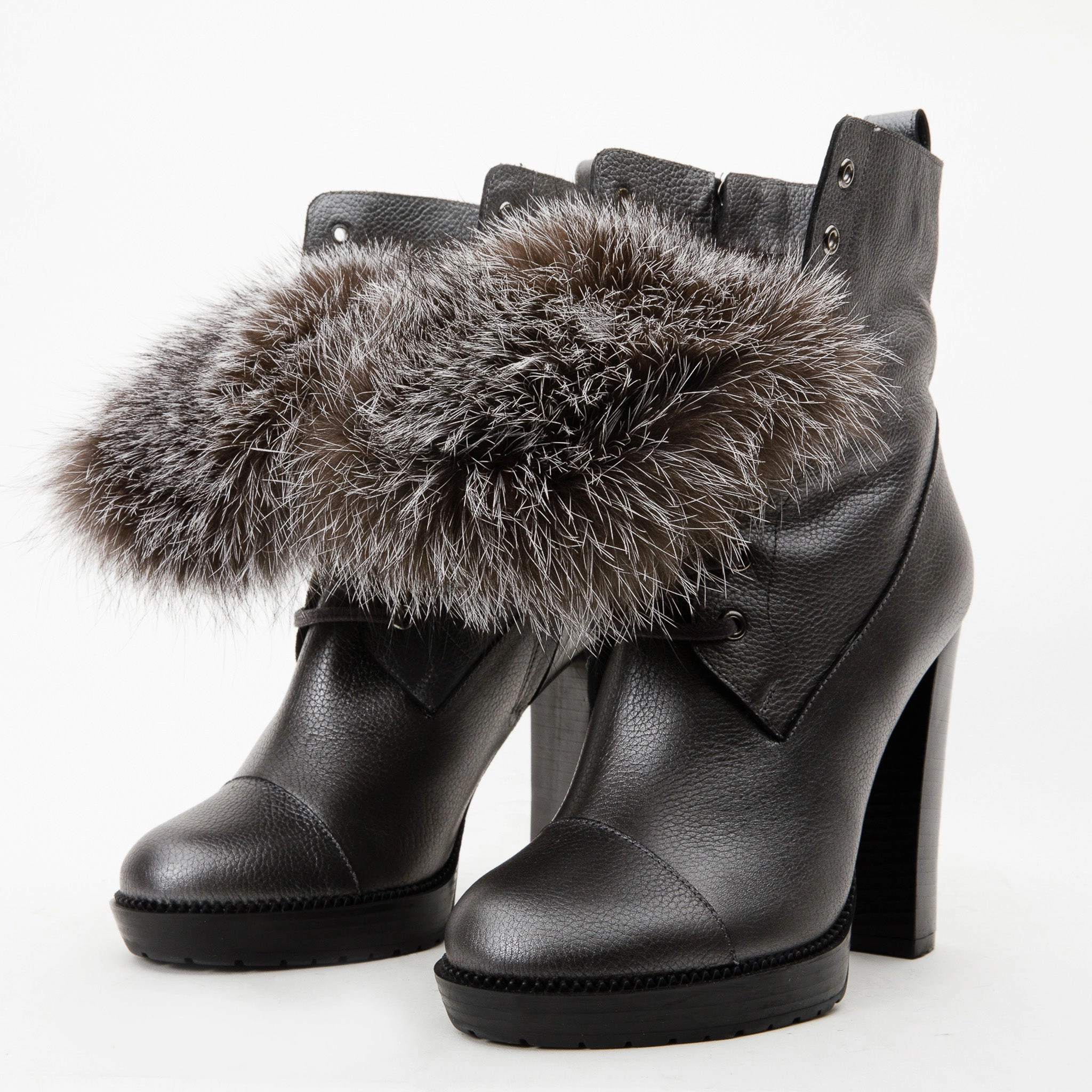 The Melo Gray Leather Natural Fur Mid Calf Platform Heel Women Boot