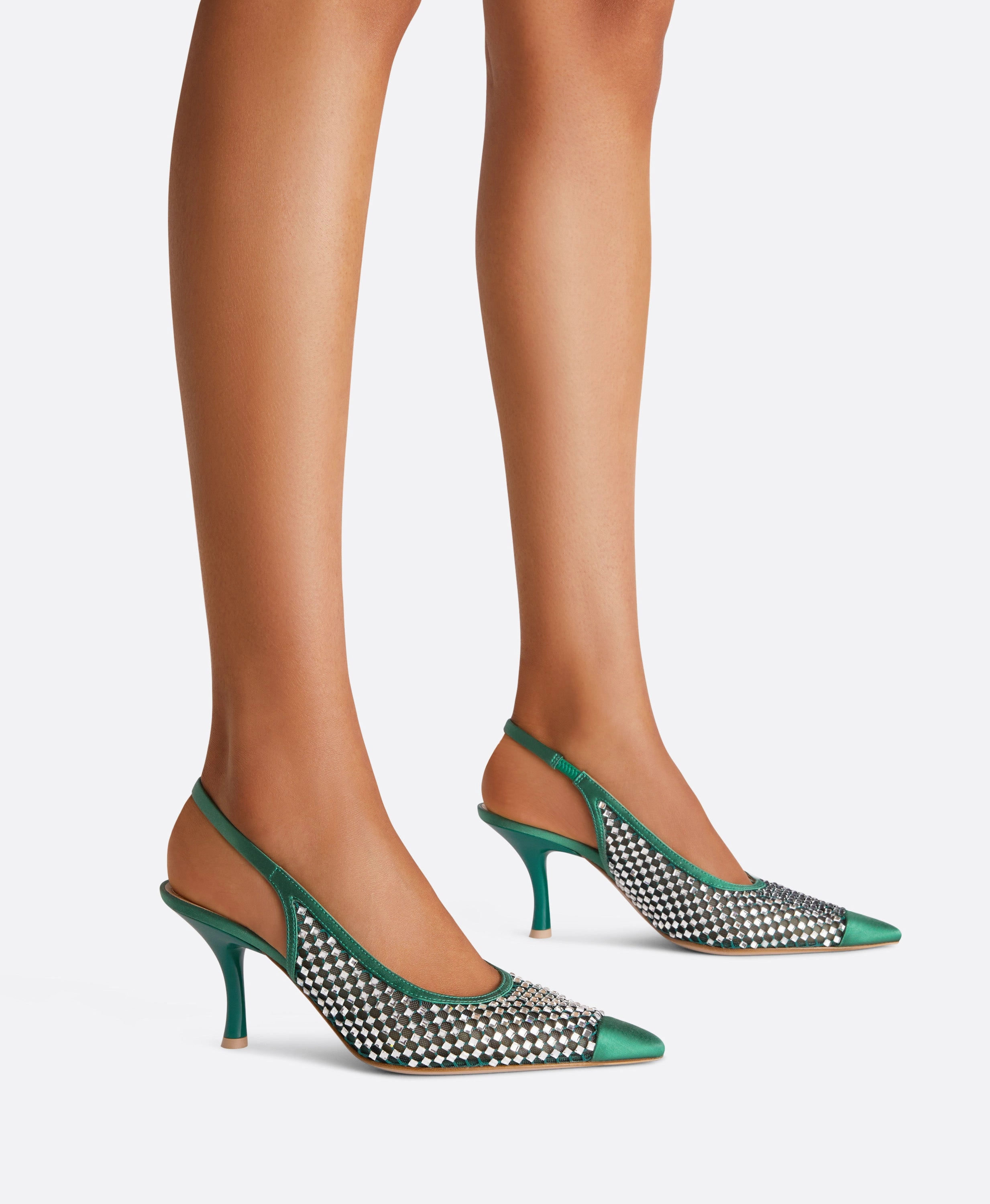 Vesper 70 Green Crystal Satin Slingbacks