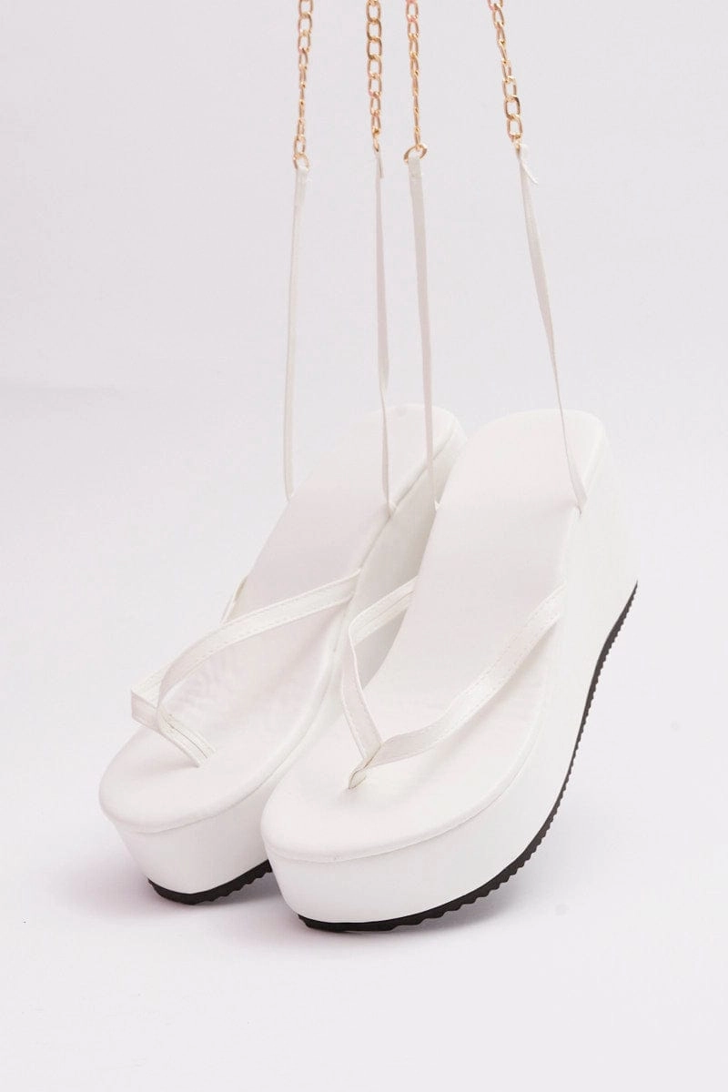 White Chain Decor Tie Leg Toe Post Wedge Thong Sandals
